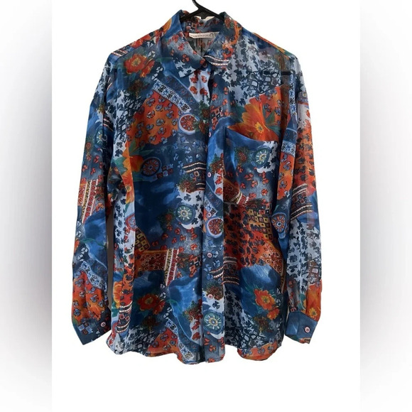 Vintage floral blue and orange Greece button up blouse - Picture 1 of 4